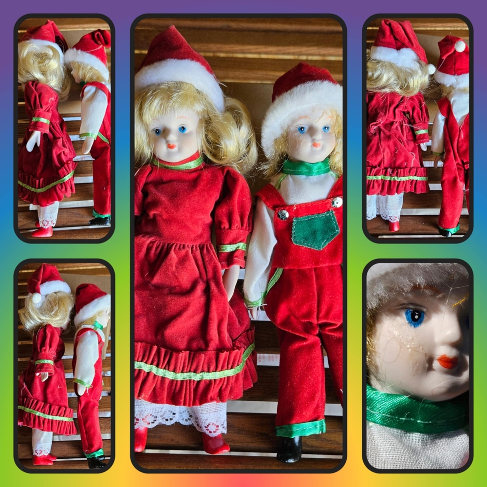 VINTAGE CHRISTMAS BOY & GIRL DOLLS 8" PORCELAIN SET 